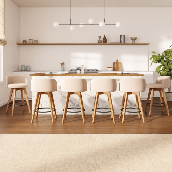 Joyyskill 26" Swivel Bar Stools Set of 6, Farmhouse Upholstered Bar Chairs with Curved Back and Wood Legs, Chenille Fabric Counter Height Island Chairs, Dark Oak/Beige