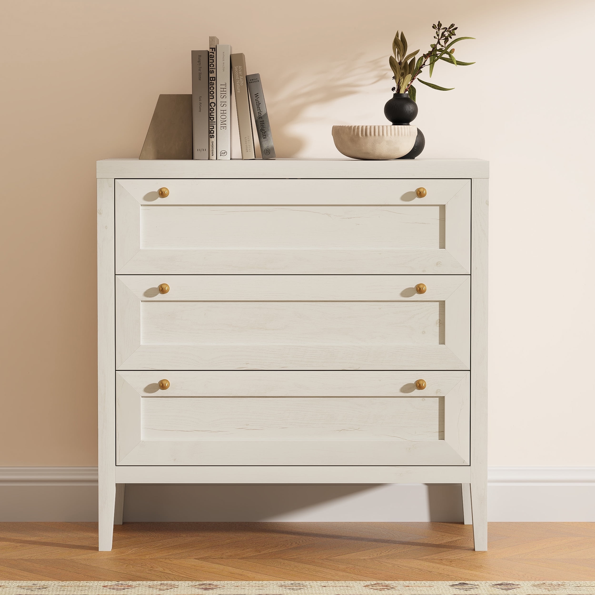 Joyyskill 3 Drawer Dresser, Modern Chest of Drawers Storage Cabinet with Golden Handles, Wood Nightstand End Table, Antique White