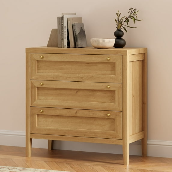 Joyyskill 3 Drawer Dresser, Modern Chest of Drawers Storage Cabinet with Golden Handles, Wood Nightstand End Table, Natural Oak