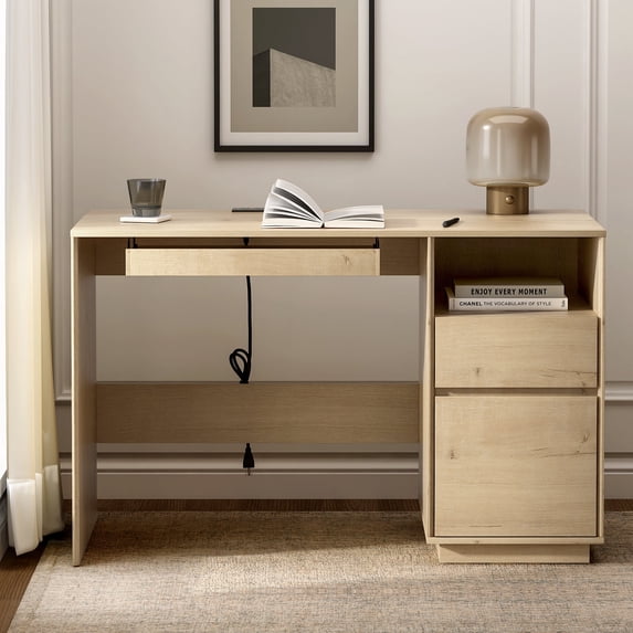 Joyyskill 47" Executive Desk with File Drawer, Farmhouse Computer Desk with Charging Station and Open Storage Compartment Wooden Home Office Desk, Light Oak