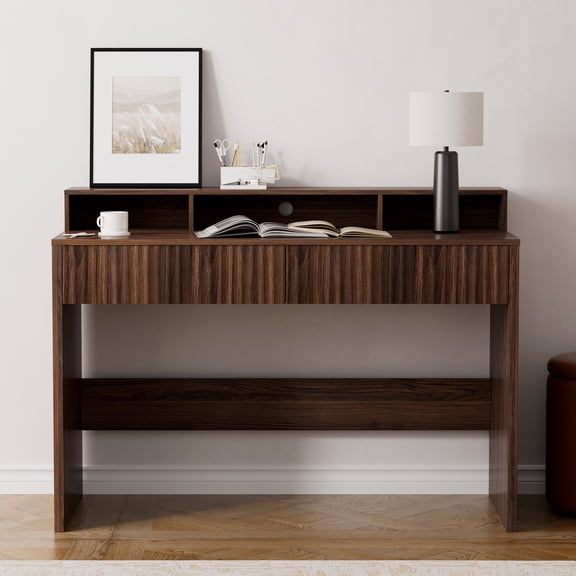 Joyyskill 47" Executive Desk with Fluted Drawer, Modern Home Office Desk with Long Monitor Stand and 2 Drawers, Computer Writing Desk for Study Office Vanity, Brown