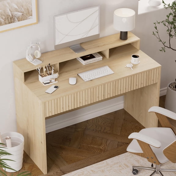 Joyyskill 47" Executive Desk with Fluted Drawer, Modern Home Office Desk with Long Monitor Stand and 2 Drawers, Computer Writing Desk for Study Office Vanity, Light Oak