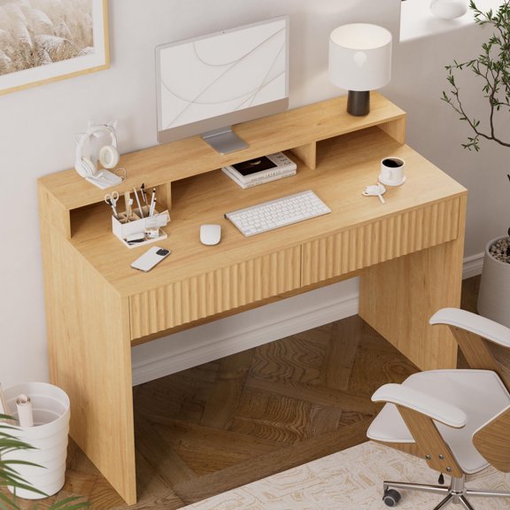 Joyyskill 47" Executive Desk with Fluted Drawer, Modern Home Office Desk with Long Monitor Stand and 2 Drawers, Computer Writing Desk for Study Office Vanity, Nautral Oak