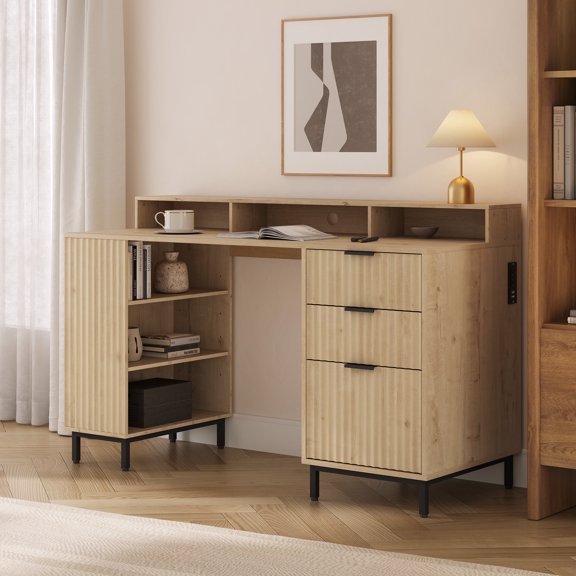 Joyyskill 55'' Fluted Executive Desk with Drawers, Modern Home Office Computer Desk with Charging Station, File Drawer, Monitor Stand, Storage Shelf for Work Writing Study, Light Oak