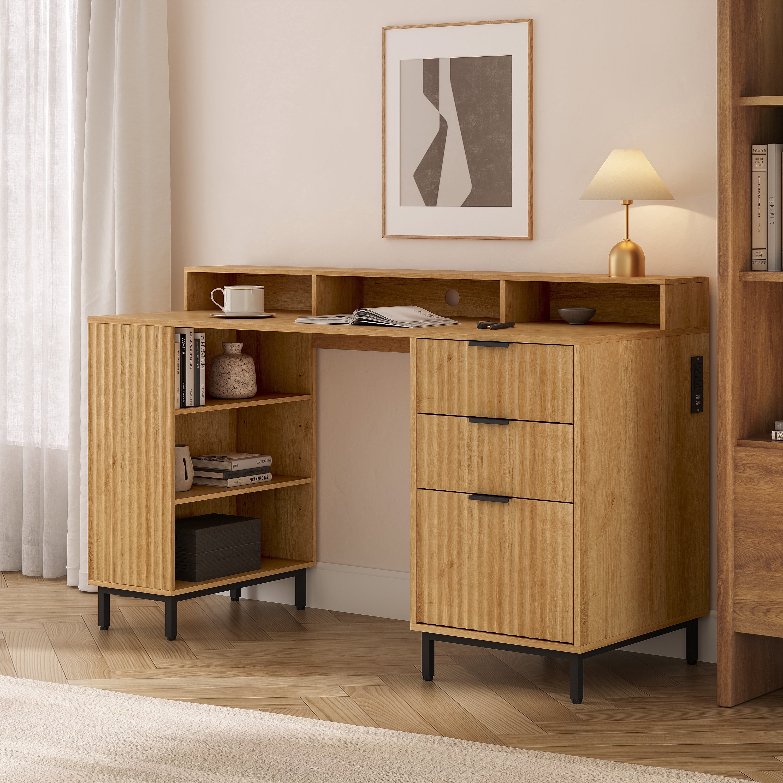 Joyyskill 55'' Fluted Executive Desk with Drawers, Modern Home Office Computer Desk with Charging Station, File Drawer, Monitor Stand, Storage Shelf for Work Writing Study, Natural Oak