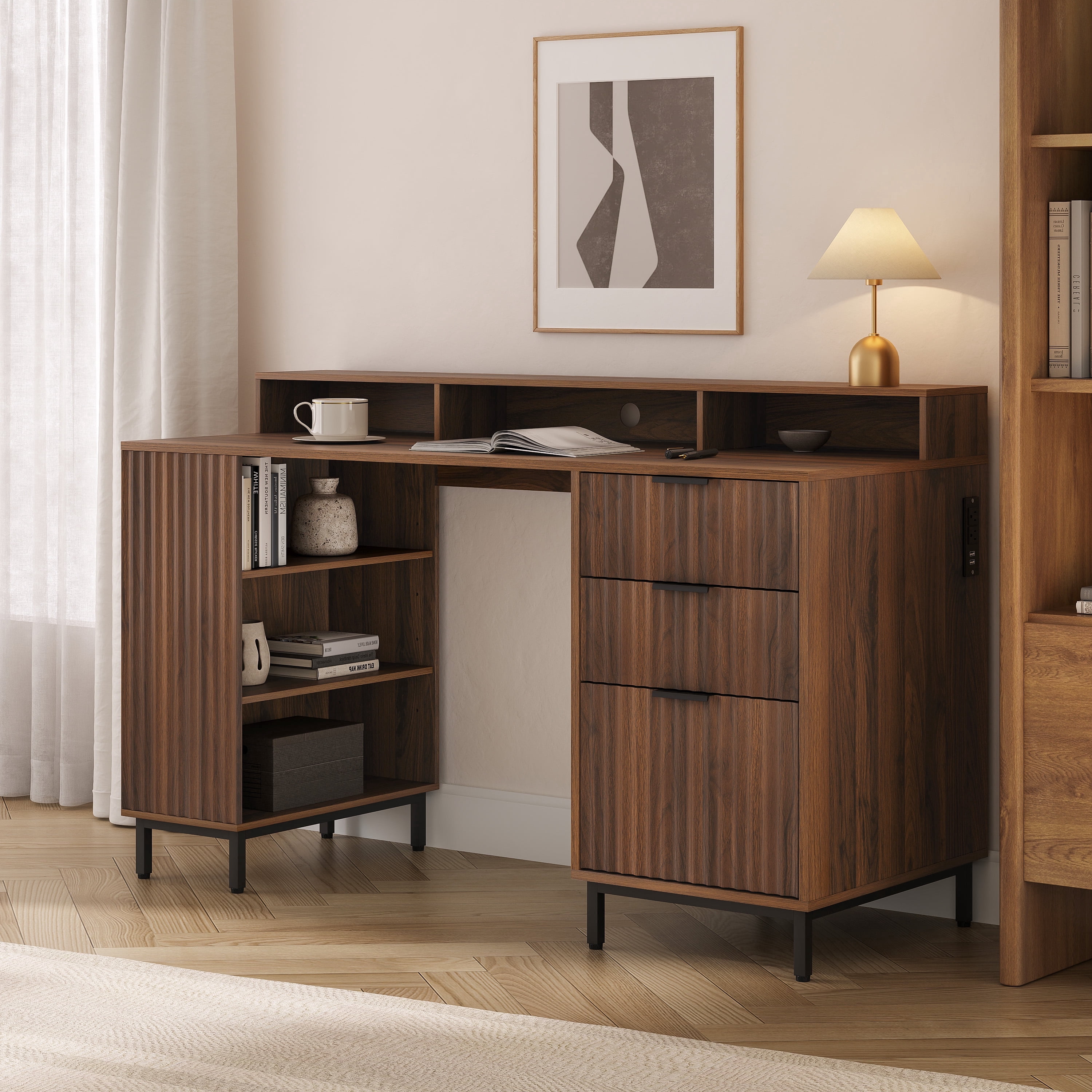 Joyyskill 55'' Fluted Executive Desk with Drawers, Modern Home Office Computer Desk with Charging Station, File Drawer, Monitor Stand, Storage Shelf for Work Writing Study, Brown