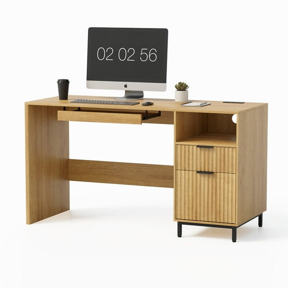 Joyyskill 55" Fluted Home Office Desk with Charging Station, Wooden Large Executive Desk Computer Desks with Metal Legs Open Shelf File Drawer and Keyboard Tray, Natural Oak