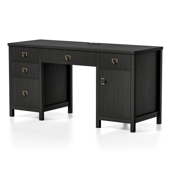 Joyyskill 59" Executive Desk with File Drawer, Farmhouse Computer Desk with Charging Station and Storage Cabinet Wood Home Office Desk for Writing Study, Black