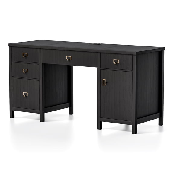 Joyyskill 59" Executive Desk with File Drawer, Farmhouse Computer Desk with Charging Station and Storage Cabinet Wood Home Office Desk for Writing Study, Black