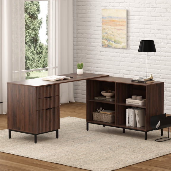 Joyyskill 60" L Shaped Fluted Desk, Computer Desk with Movable Storage Cabinet Home Office Desk with 3 Drawers Metal Legs Corner Desk, Brown