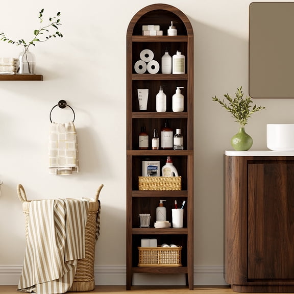 Joyyskill 67" Tall Narrow Arched Bookshelf with Adjustable Shelves, 6 Tiers Arch Bookcase, Farmhouse Arched Tall Slim Bookshelf, Brown