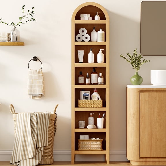 Joyyskill 67" Tall Narrow Arched Bookshelf with Adjustable Shelves, 6 Tiers Arch Bookcase, Farmhouse Arched Tall Slim Bookshelf, Natural Oak