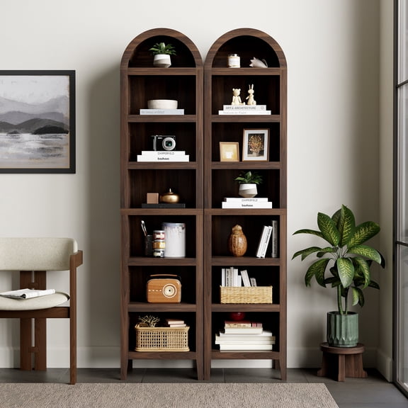 Joyyskill 67" Tall Narrow Arched Bookshelves Set of 2 with Adjustable Shelves, 6 Tiers Arch Bookcase, Farmhouse Arched Tall Slim Bookshelf, Brown