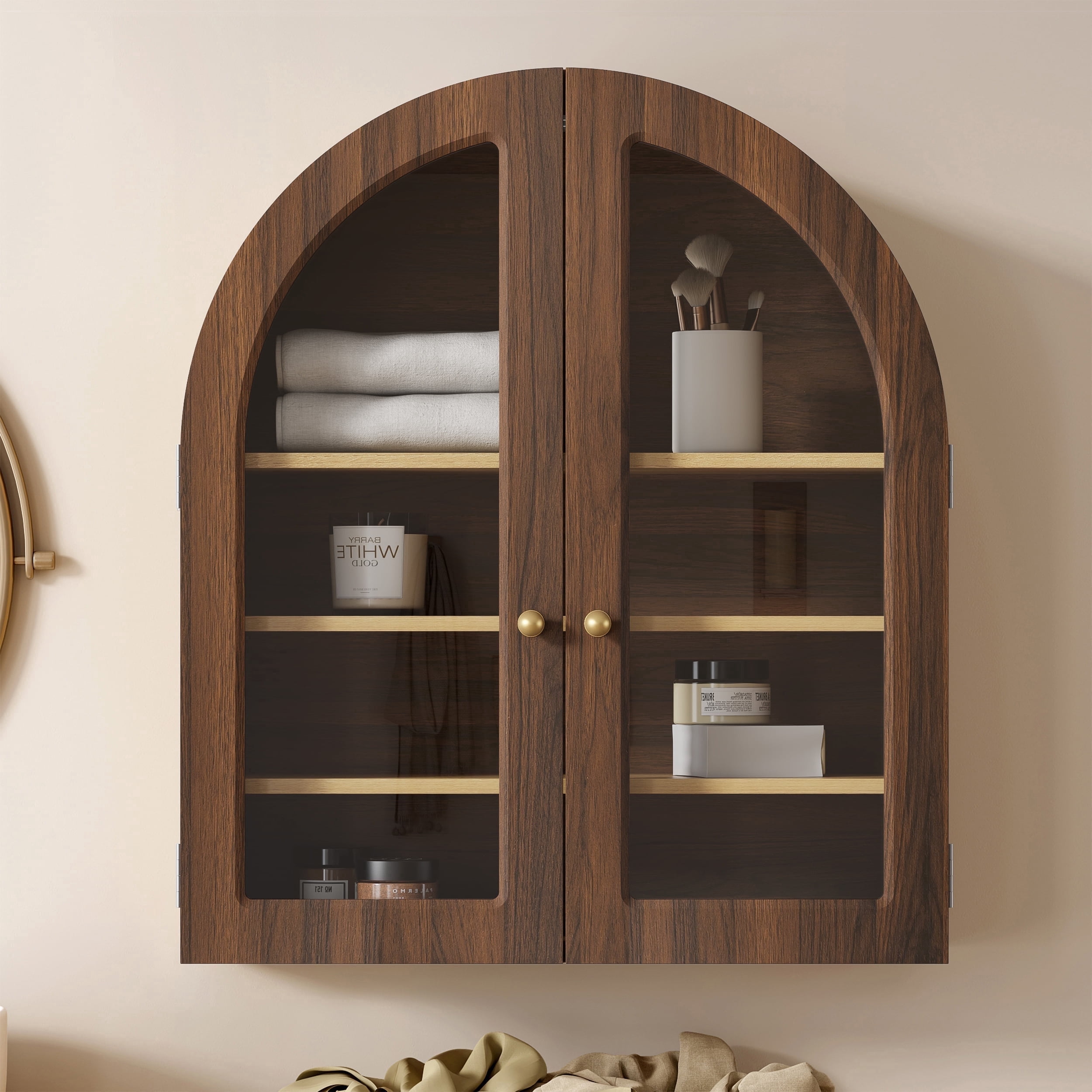 Joyyskill Arched Bathroom Wall Cabinet Modern Wooden Medicine Cabinet with Acrylic Doors, Farmhouse Wall Mounted Cupboard Storage Organizer, Brown Oak