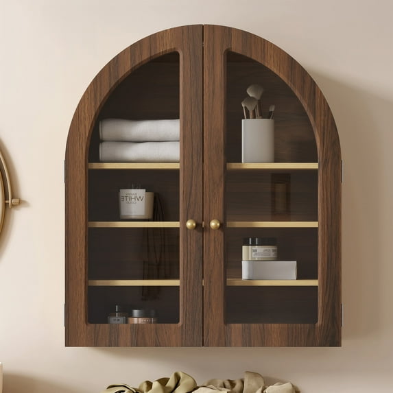 Joyyskill Arched Bathroom Wall Cabinet Modern Wooden Medicine Cabinet with Acrylic Doors, Farmhouse Wall Mounted Cupboard Storage Organizer, Brown Oak