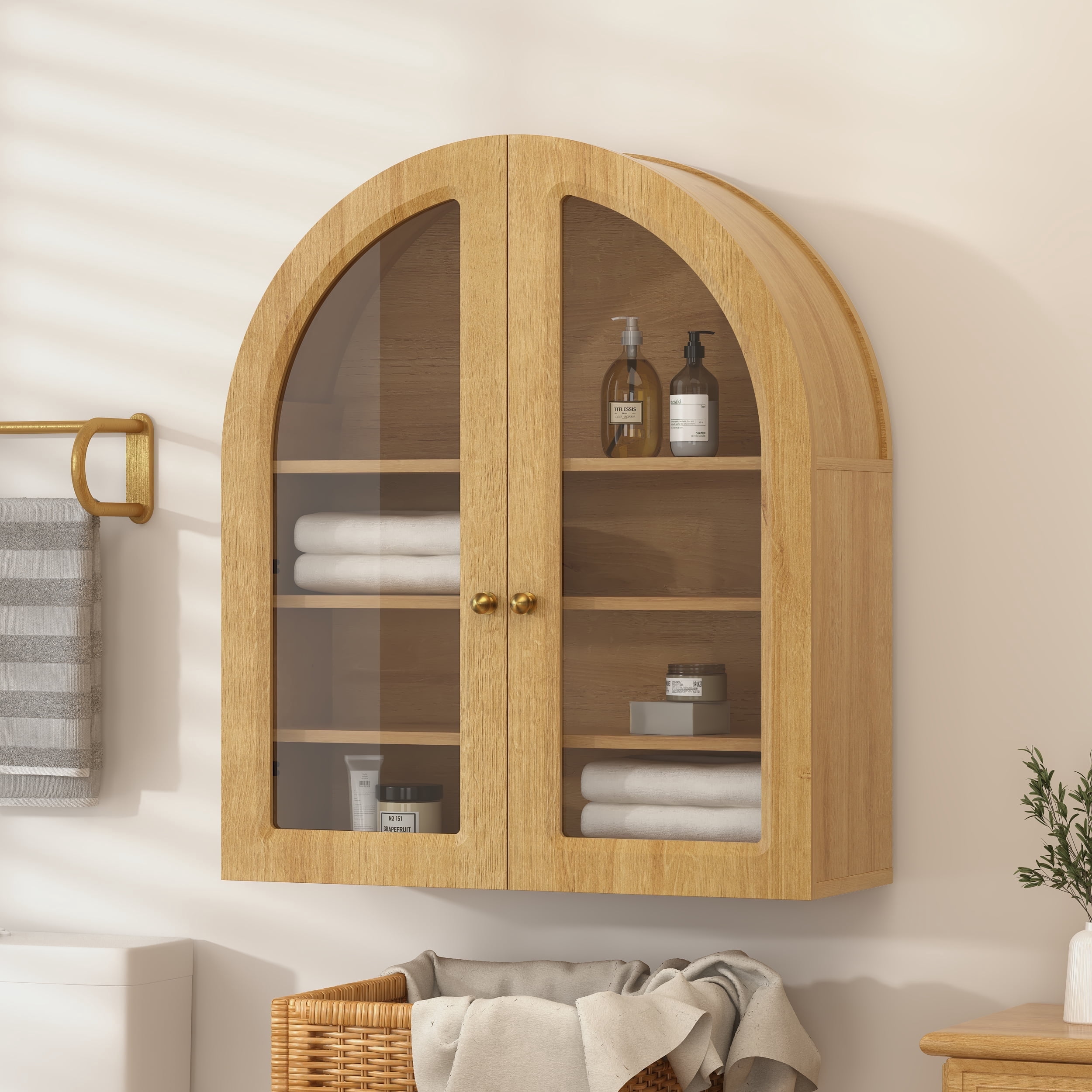 Joyyskill Arched Bathroom Wall Cabinet Modern Wooden Medicine Cabinet with Acrylic Doors, Farmhouse Wall Mounted Cupboard Storage Organizer, Natural Oak