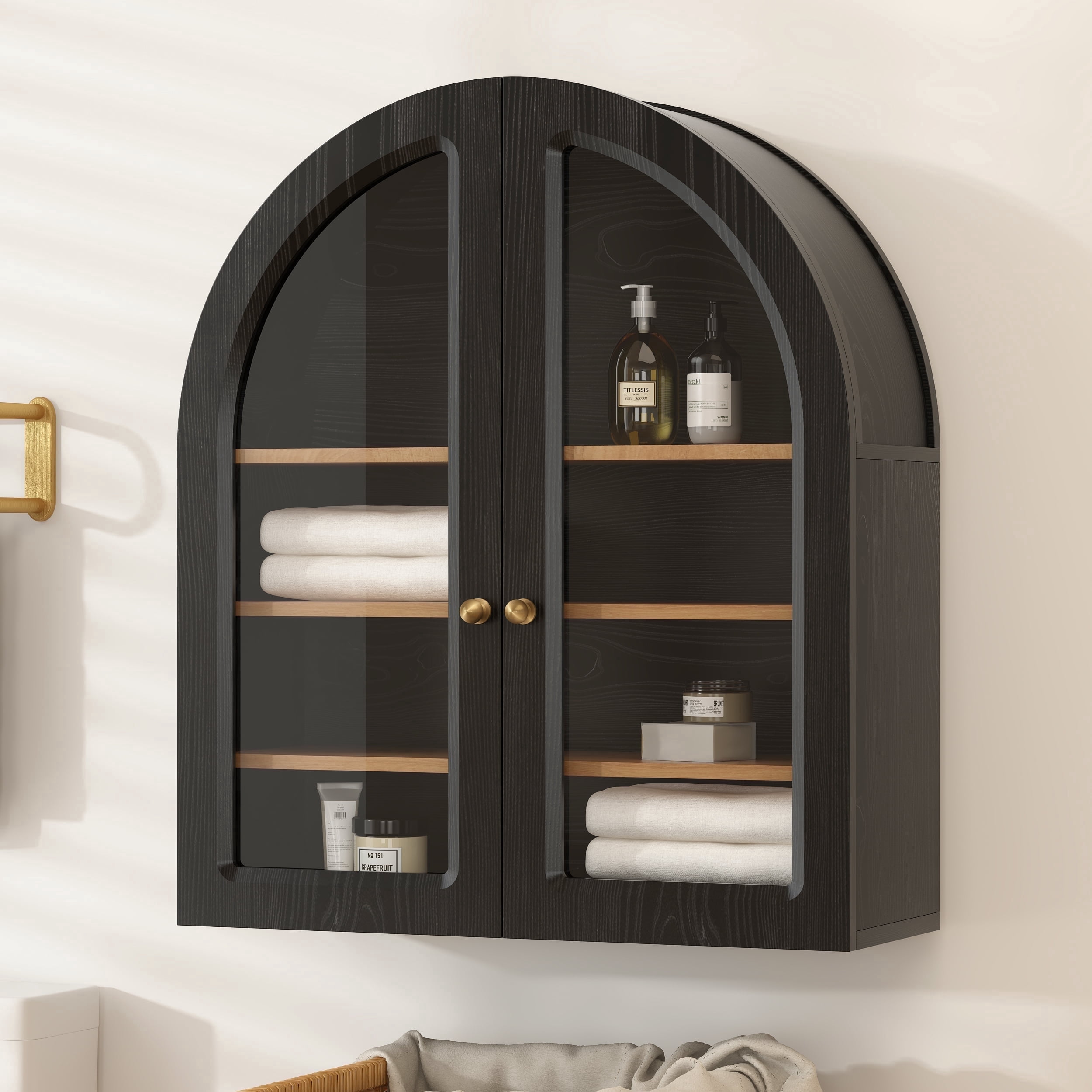 Joyyskill Arched Bathroom Wall Cabinet Modern Wooden Medicine Cabinet with Acrylic Doors Farmhouse Wall Mounted Cupboard Storage Cabinet, Black Oak