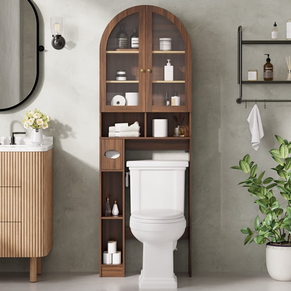 Joyyskill Arched Over The Toilet Cabinet with Paper Holder,Over Toilet Bathroom Organizer Shelf with Open & Adjustable Shelf, Freestanding Bathroom Storage, Space-Saving, Brown