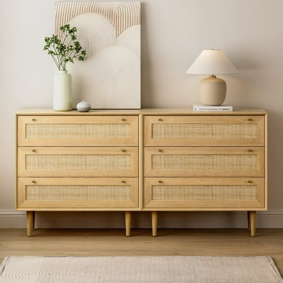 Joyyskill Boho Modern 3-Drawer Rattan Chest Set of 2, Natural Oak Wood Storage Dresser Organizer with Ample Space