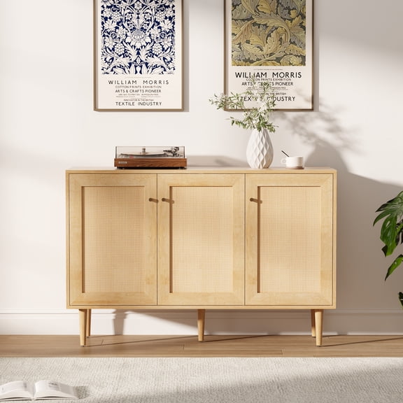 Joyyskill Buffet Cabinet with Square Rattan Doors, New Boho Wood Storage Cabinet with Magnetic Waterproof Design, Large Buffet Sideboard, Natural Oak