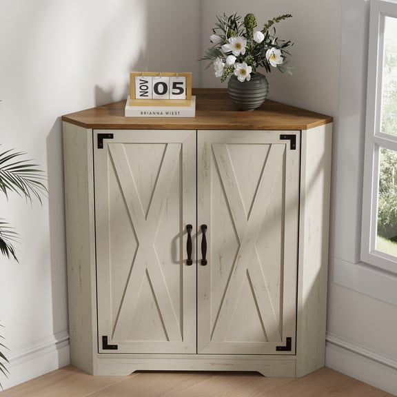 Joyyskill Corner Cabinet with Doors, Wood Storage Cabinet with Adjustable Shelf, Farmhouse Corner Table for Kitchen, Bedroom, Cloud Creek White/Brown