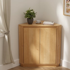 Joyyskill Corner Storage Cabinet, Small Corner Floor Cabinet with 2 Doors and 2-Tier Shelves, Modern Wooden Narrow Storage Organizer, Natural Oak