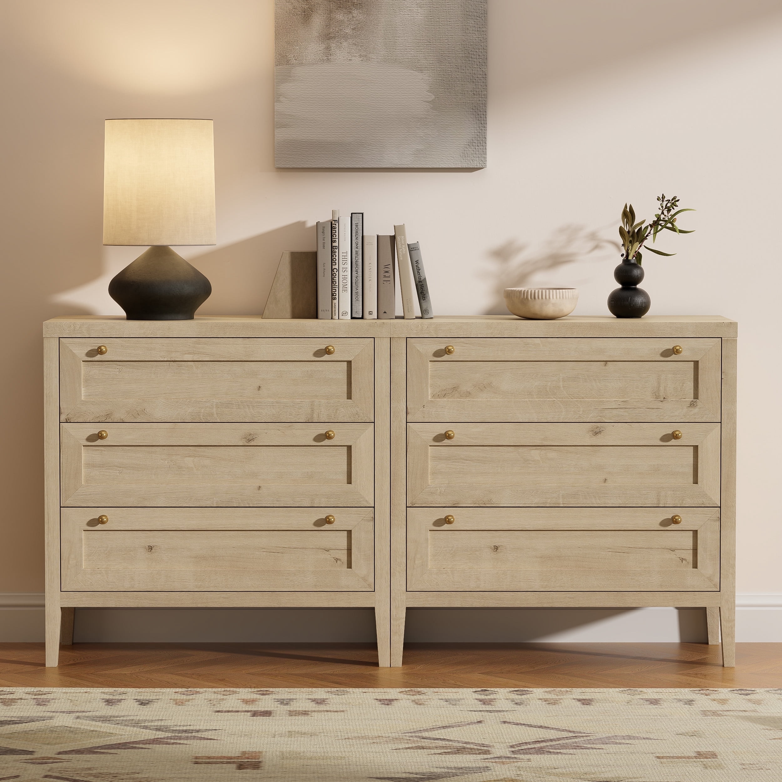Joyyskill Dresser for Bedroom with 3 Drawers Set of 2, Modern Closet Storage Organizer with Golden Handles, Wood Nightstand End Table, Light Oak