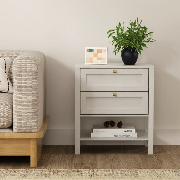 Joyyskill End Table with 2 Drawers, Farmhouse Nightstand with Open Shelf, Modern Bedside Cabinet Side Table Night Stand for Bedroom, Living Room, Antique White