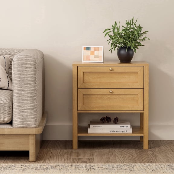 Joyyskill End Table with 2 Drawers, Farmhouse Nightstand with Open Shelf, Modern Bedside Cabinet Side Table Night Stand for Bedroom, Living Room, Natural Oak