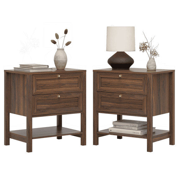 Joyyskill End Table with 2 Drawers, Farmhouse Nightstand with Open Shelf, Modern Bedside Cabinet Side Table Night Stand, Brown