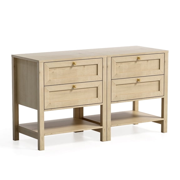 Joyyskill End Table with 2 Drawers, Farmhouse Nightstand with Open Shelf, Modern Bedside Cabinet Side Table Night Stand, Light Oak