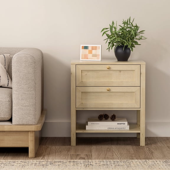 Joyyskill End Table with 2 Drawers, Farmhouse Nightstand with Open Shelf, Modern Bedside Cabinet Side Table Night Stand for Bedroom, Light Oak