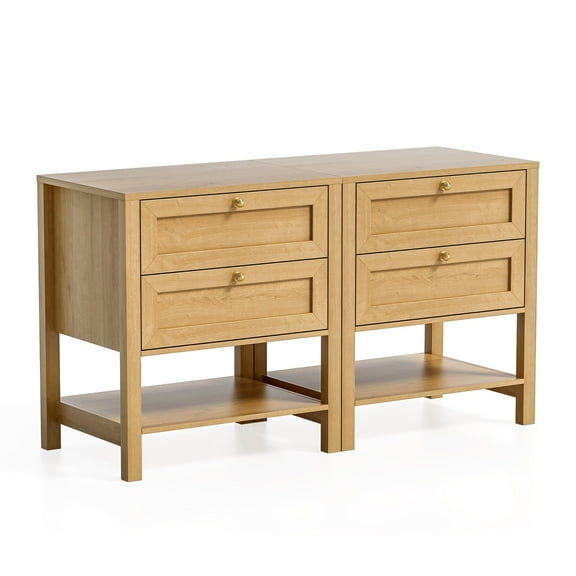 Joyyskill End Table with 2 Drawers, Farmhouse Nightstand with Open Shelf, Modern Bedside Cabinet Side Table Night Stand for Bedroom, Natural Oak