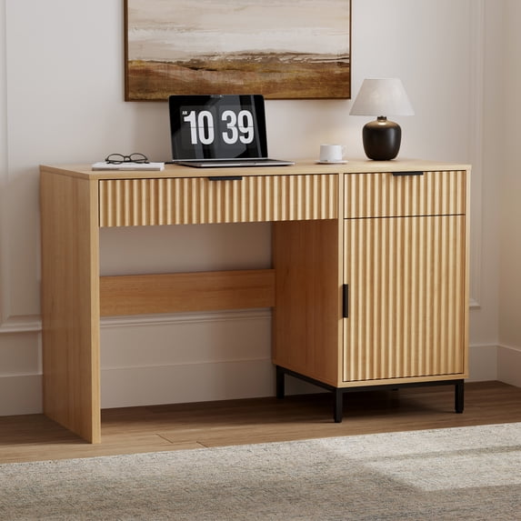 Joyyskill Executive Desk 47" Wood Home Office Desk with Charging Station, Metal Legs Modern Farmhouse Computer Desk with Fluted Drawers, Natural Oak