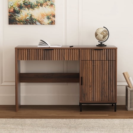 Joyyskill Executive Desk with Fluted Drawers, 47" Wood Home Office Desk with Charging Station, Metal Legs Modern Farmhouse Computer Desk Brown