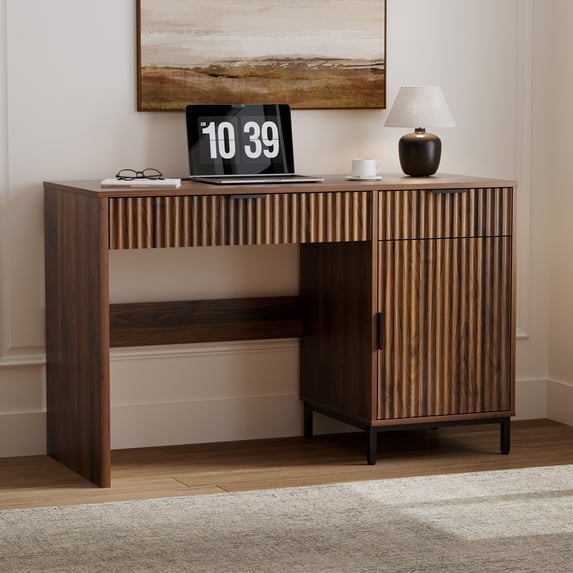 Joyyskill Executive Desk with Fluted Drawers, 47" Wood Home Office Desk with Charging Station, Metal Legs Modern Farmhouse Computer Desk Brown