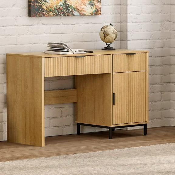 Joyyskill Executive Desk 47" Wood Home Office Desk with Charging Station, Metal Legs Modern Farmhouse Computer Desk with Fluted Drawers, Natural Oak