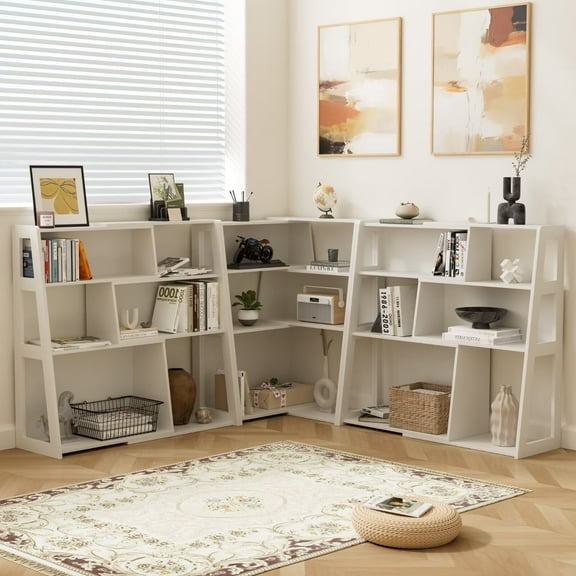 Joyyskill Extendable Corner Bookshelf Set of 3, 4 Tier L-Shaped Wooden Display Bookcase with Curved Edges for Home Office, Living Room, White