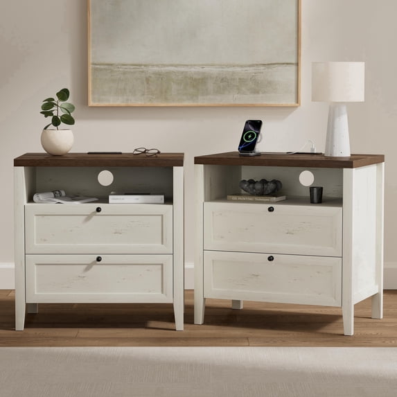 Joyyskill Farmhouse End Table with 2 Drawers Set of 2, Wooden Nightstand with Open Storage Cable Hole Freestanding Wide Bedside Table, Rustic White and Honey Brown