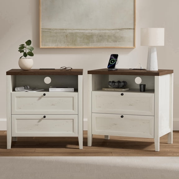 Joyyskill Farmhouse End Table with 2 Drawers Set of 2, Wooden Nightstand with Open Storage Cable Hole Freestanding Wide Bedside Table, Rustic White and Honey Brown