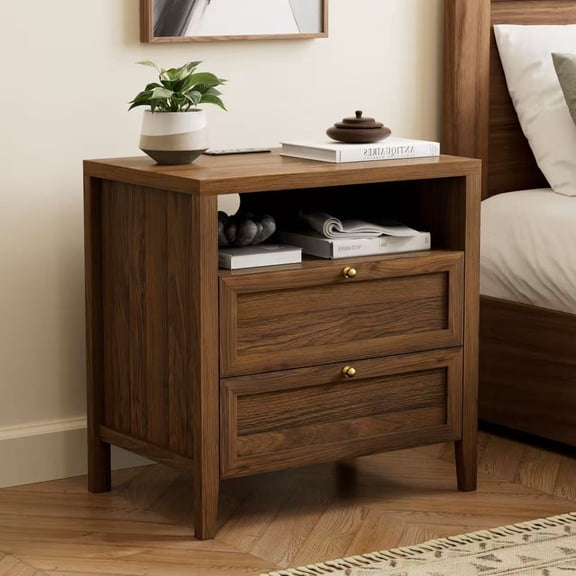 Joyyskill Farmhouse End Table with 2 Drawers, Wooden Nightstand with Open Storage Cable Hole Freestanding Wide Bedside Table for Bedroom Living Room Sofa, Brown