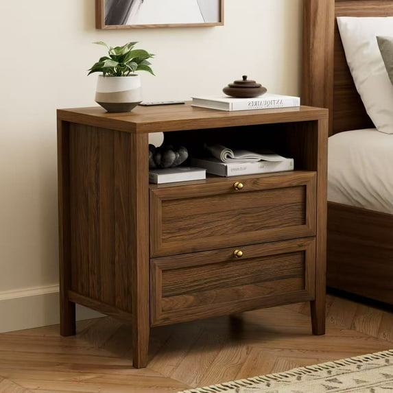 Joyyskill Farmhouse End Table with 2 Drawers, Wooden Nightstand with Open Storage Cable Hole Freestanding Wide Bedside Table for Bedroom Living Room Sofa, Brown