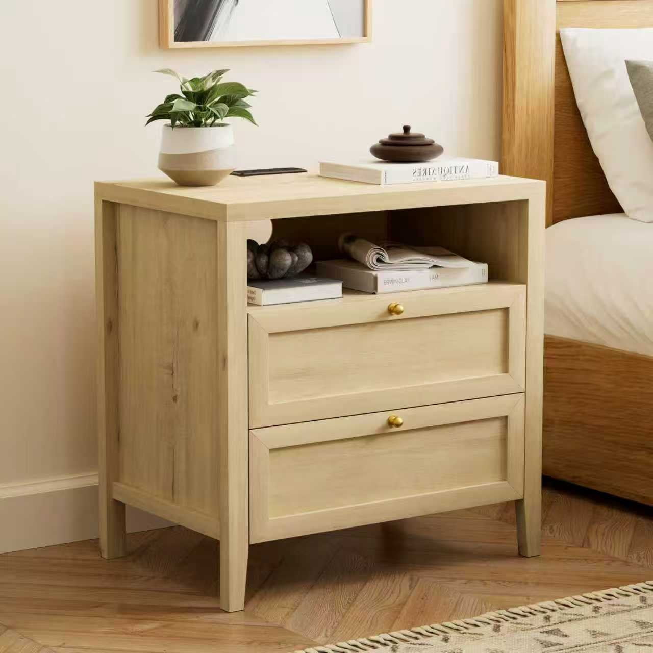 Joyyskill Farmhouse End Table with 2 Drawers, Wooden Nightstand with Open Storage Cable Hole Freestanding Wide Bedside Table for Bedroom Living Room Sofa, Light Oak