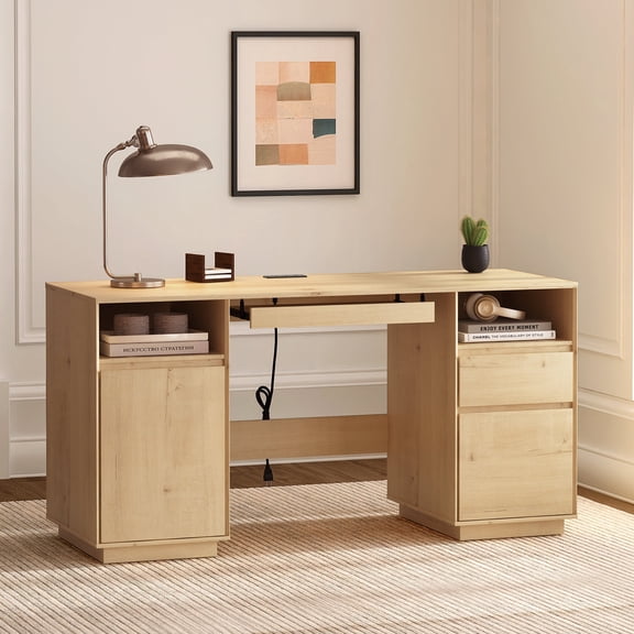 Joyyskill Farmhouse Executive Desk with File Drawer 59" Large Computer Desk Home Office Desk with Charging Station, Keyboard Tray, Storage Cabinet Modern Workspace for Study, Light Oak