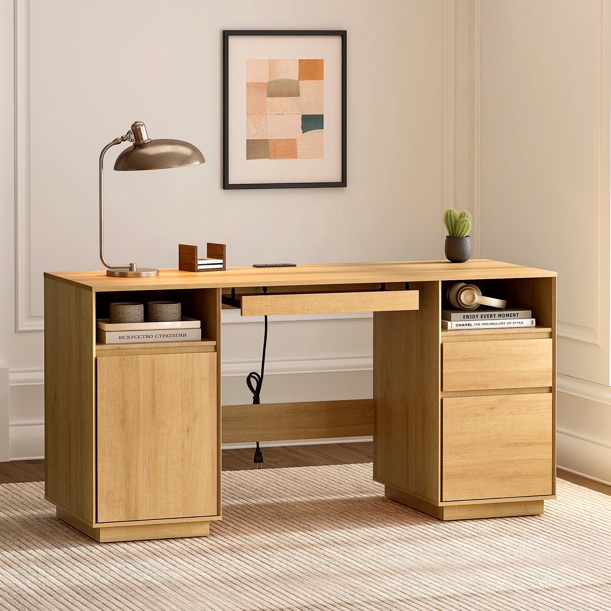 Joyyskill Farmhouse Executive Desk with File Drawer 59" Large Computer Desk Home Office Desk with Charging Station, Keyboard Tray, Storage Cabinet Modern Workspace for Study, Natural Oak