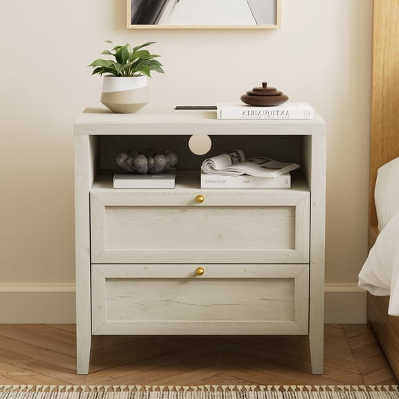 Joyyskill Farmhouse Nightstand with 2 Drawers, Wooden Bedside Table with Open Storage Cable Hole Freestanding Wide Bedside Table for Bedroom Living Room Sofa, Antique White