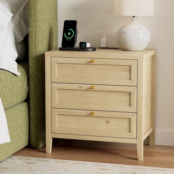 Joyyskill Farmhouse Nightstand with 3 Drawers Larger Night Stand with Charging Station Tall Bed Side Table Wide Nightstands End Table for Sofa, Bedroom, Light Oak