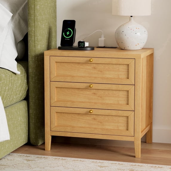 Joyyskill Farmhouse Nightstand with 3 Drawers Larger Night Stand with Charging Station Tall Bed Side Table Wide Nightstands End Table for Sofa, Bedroom, Nautral Oak