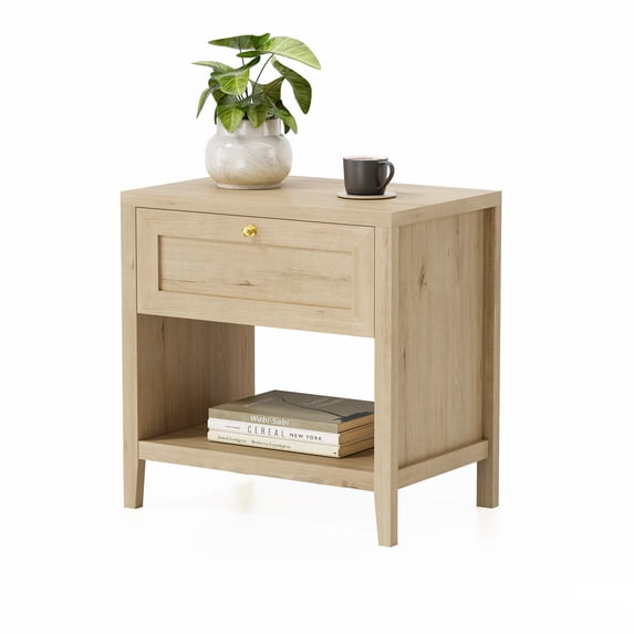 Joyyskill Farmhouse Nightstands, Modern End Table with Open Shelf and a Drawer, Large Wooden Bedside Table, Light Oak