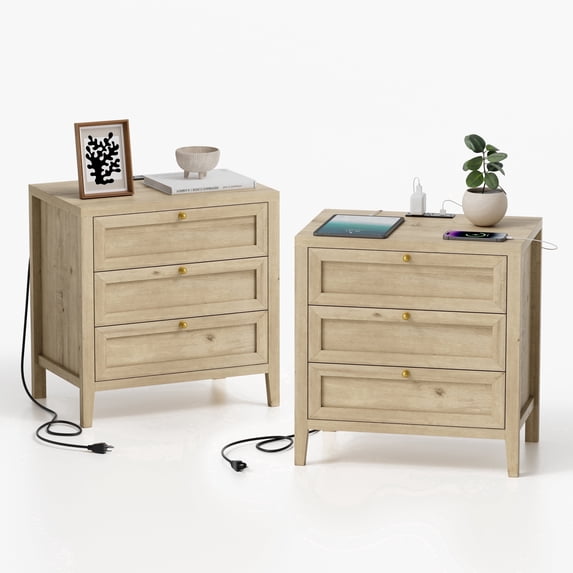 Joyyskill Farmhouse Nightstands Set of 2 with 3 Drawers Larger Night Stand with Charging Station Tall Bed Side Table Wide Nightstand End Table, Light Oak